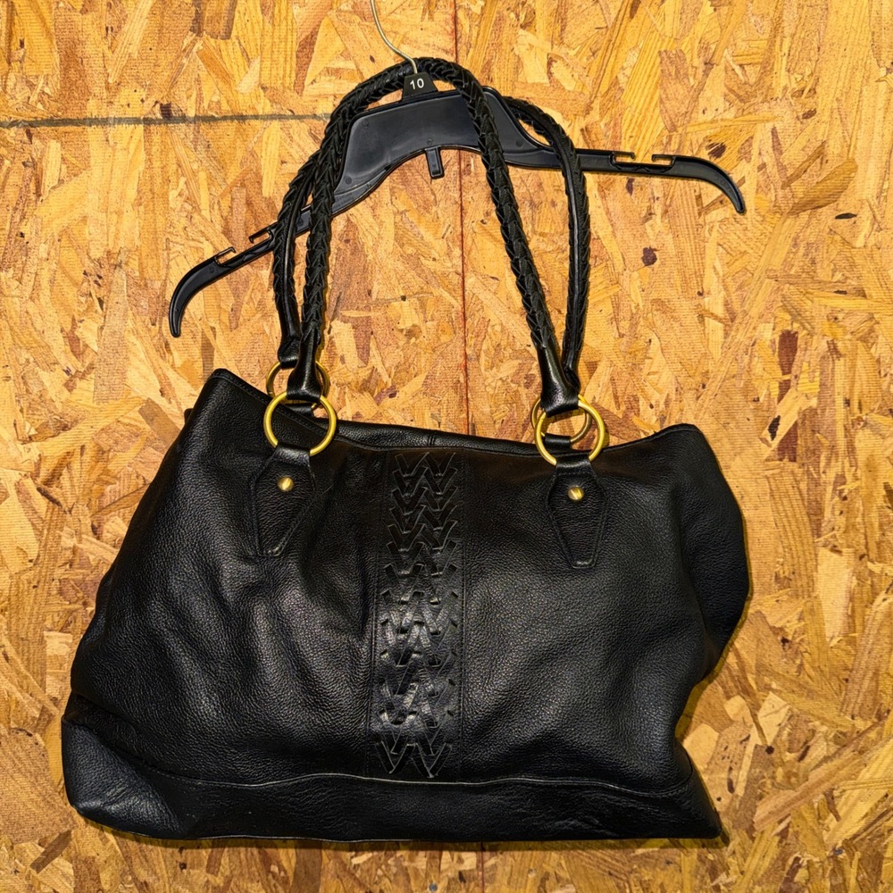 Wilsons Leather Black Pebble Tote Bag Large Purse Western Boho Chic Braided